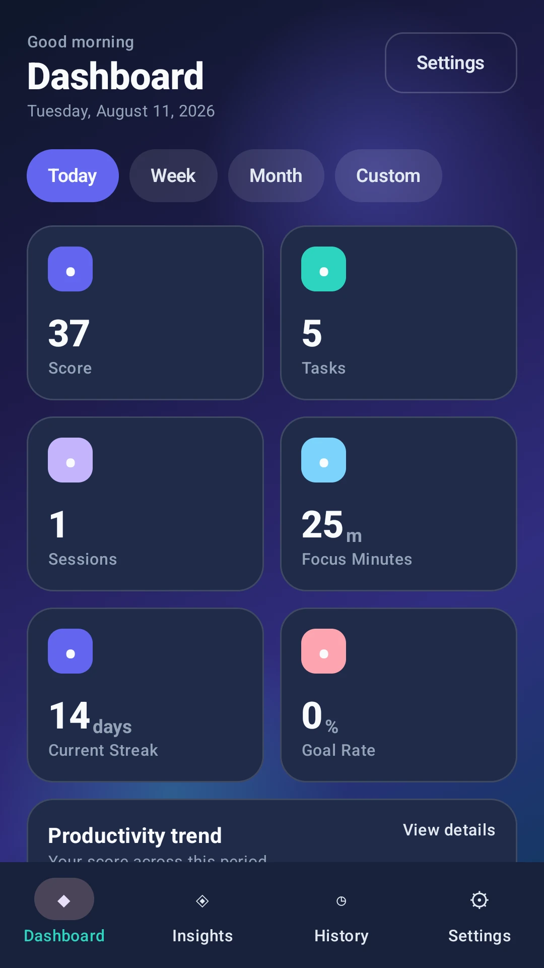 Clear Stats dashboard screen