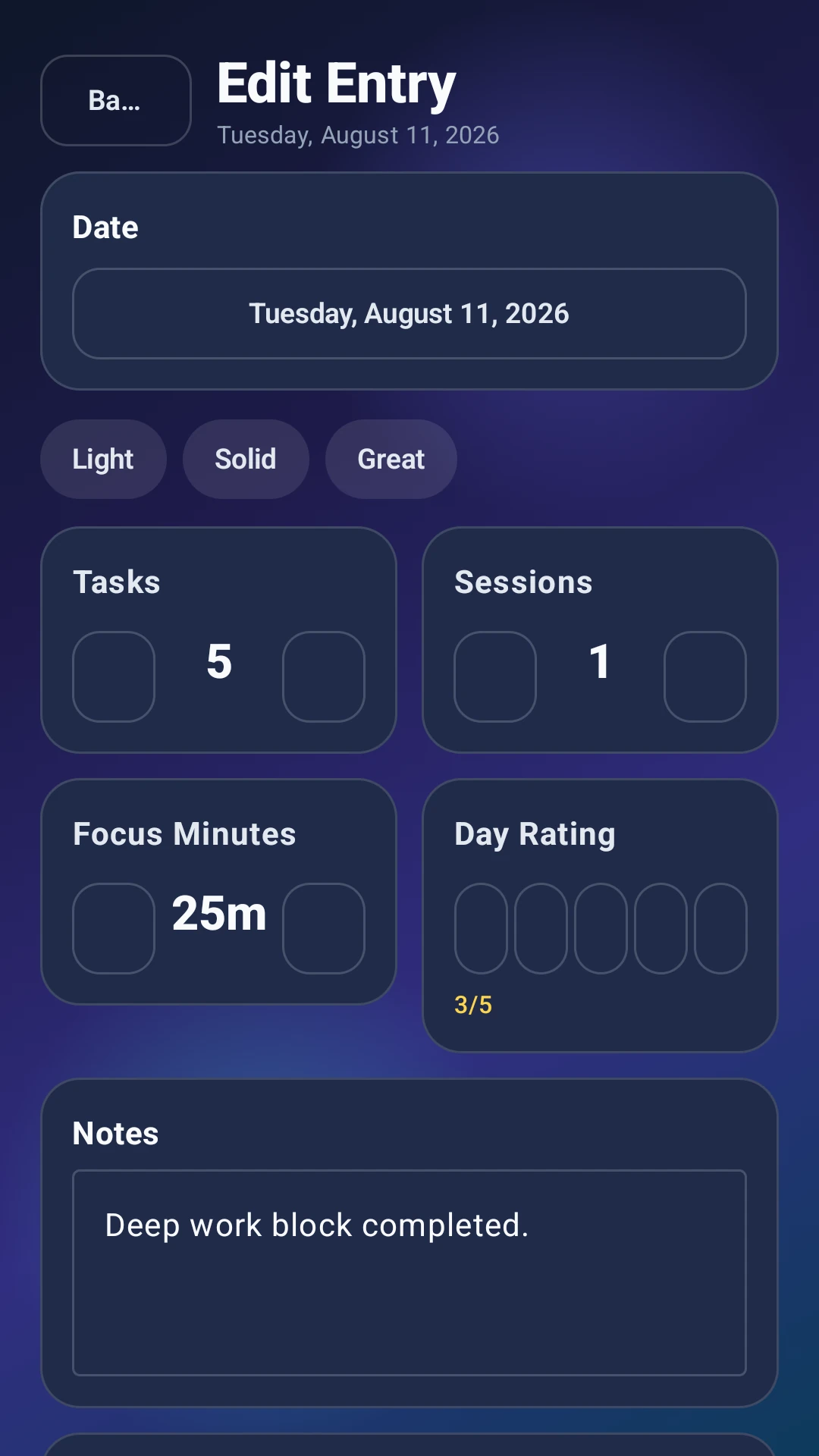 Clear Stats edit entry screen